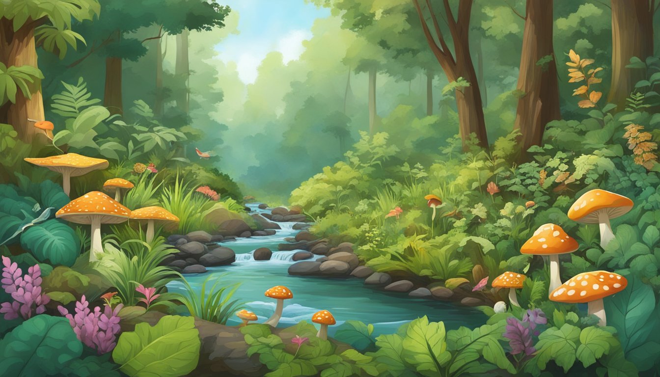 A lush forest floor with a variety of wild plants and mushrooms, a stream running through the background, and a diverse array of birds and animals foraging for food