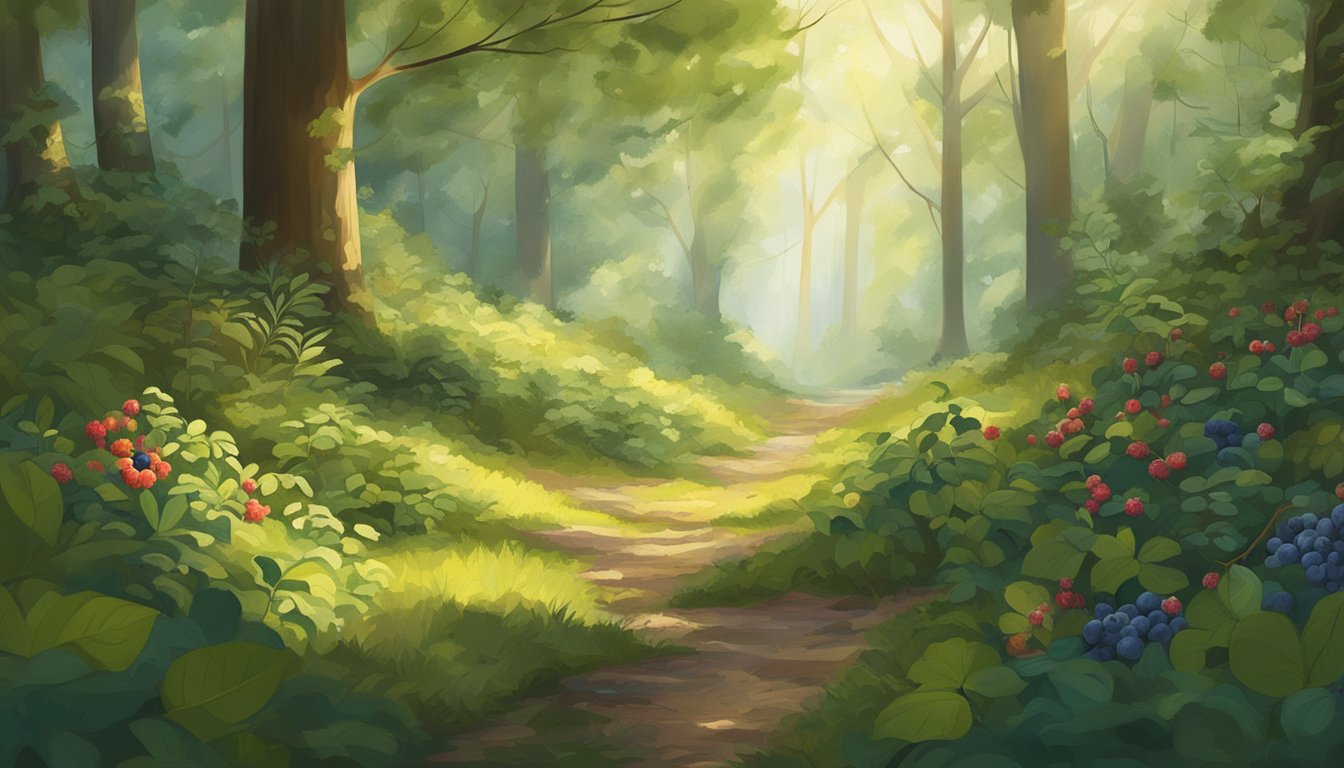 A serene forest clearing with an assortment of wild berries, nuts, and edible plants scattered across the ground, surrounded by lush greenery and dappled sunlight filtering through the trees