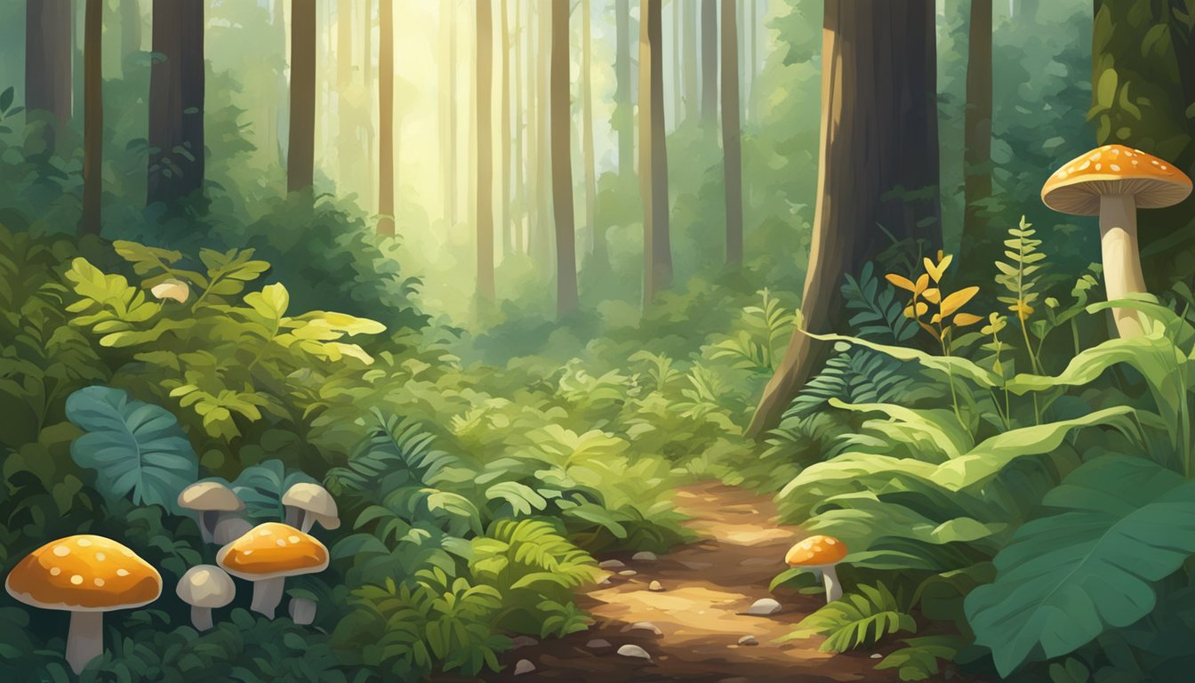 A lush forest floor with a variety of wild plants and mushrooms, surrounded by tall trees and dappled sunlight filtering through the leaves