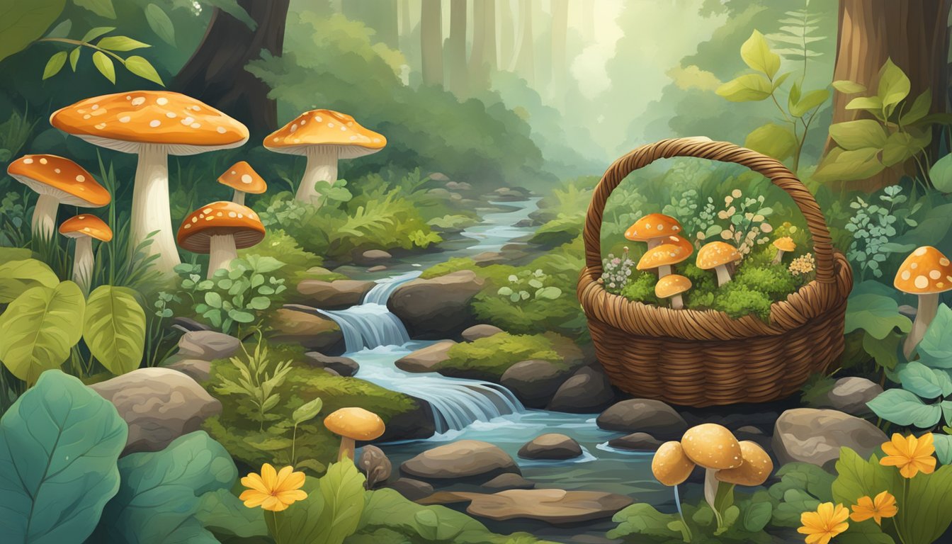 A lush forest floor with a variety of wild plants and mushrooms, a bubbling stream, and a basket filled with foraged treasures