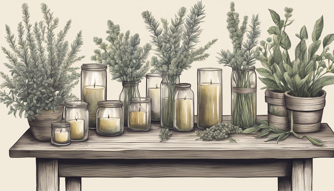 A rustic table with eight different wild plants, including candelilla wax, arranged in a natural and organic setting, ready to be used for making candles