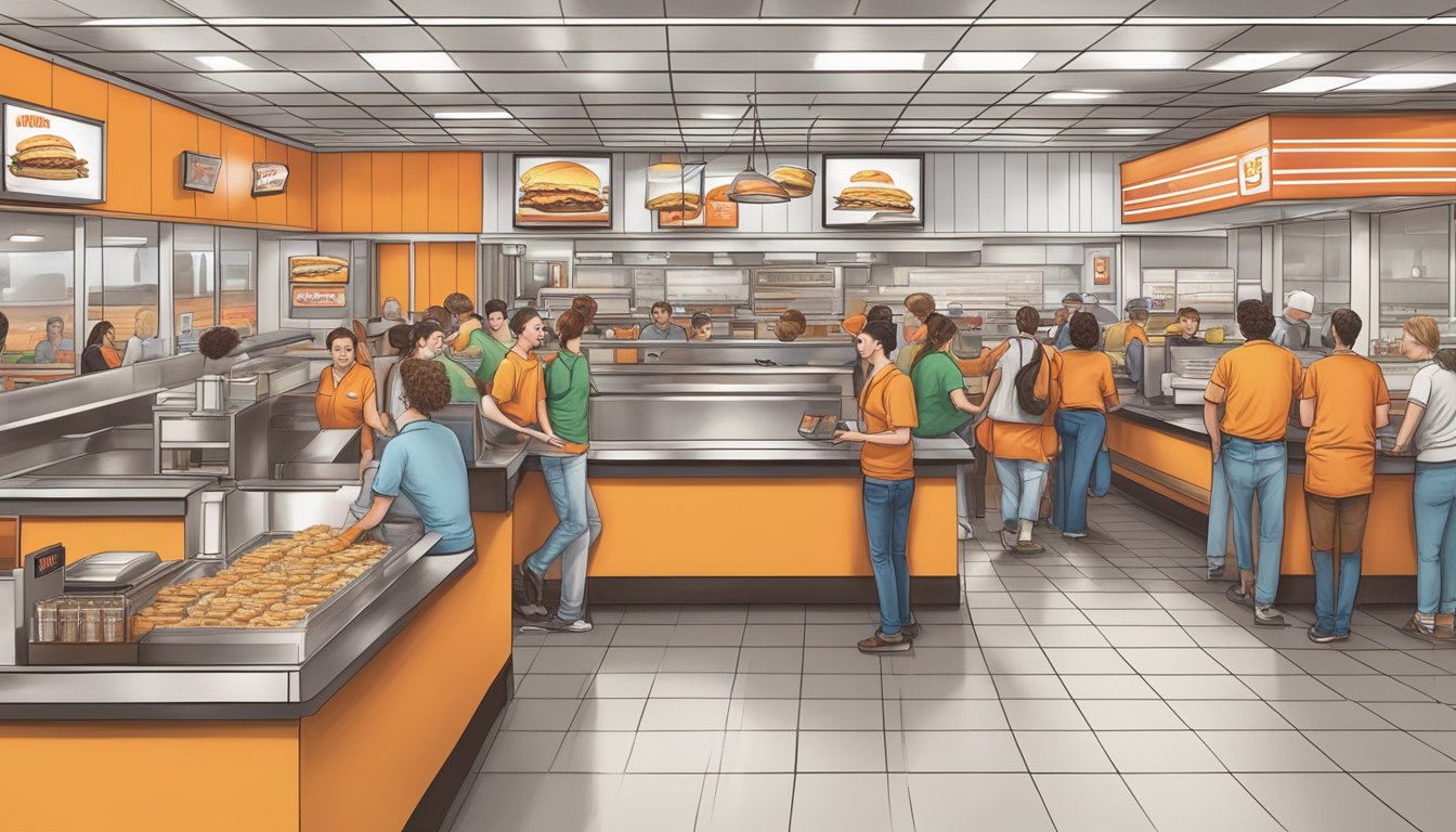 A crowded Whataburger with a line of customers and a busy staff, contrasted with a nearly empty Hardee's with a few customers and relaxed staff