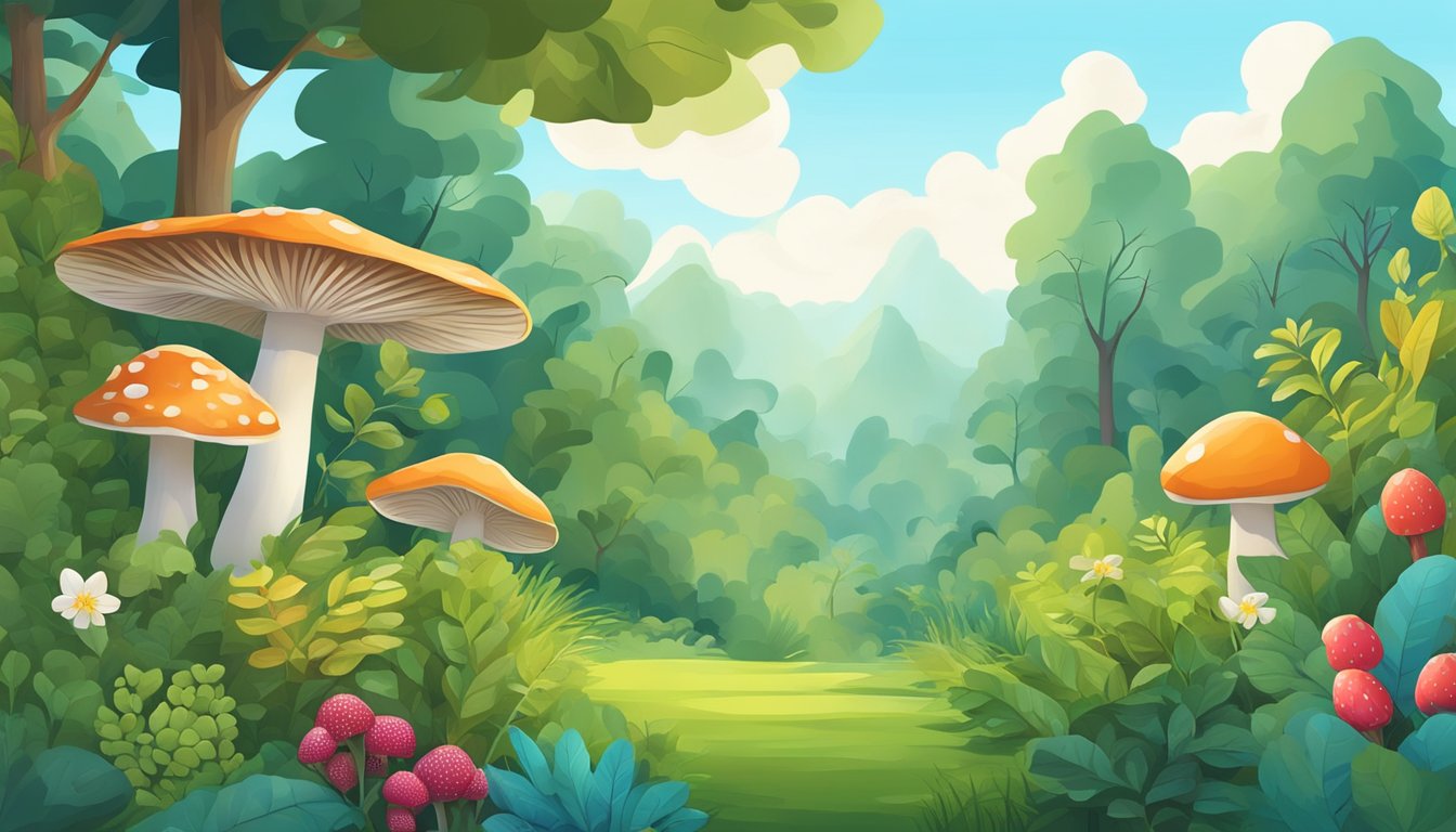 A lush forest with diverse plant life, mushrooms, and berries. A clear sky and a gentle breeze