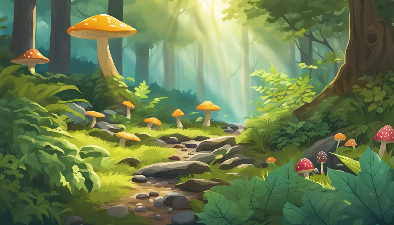 A lush forest floor with a variety of wild plants, mushrooms, and berries. A stream runs through the background, and sunlight filters through the canopy above