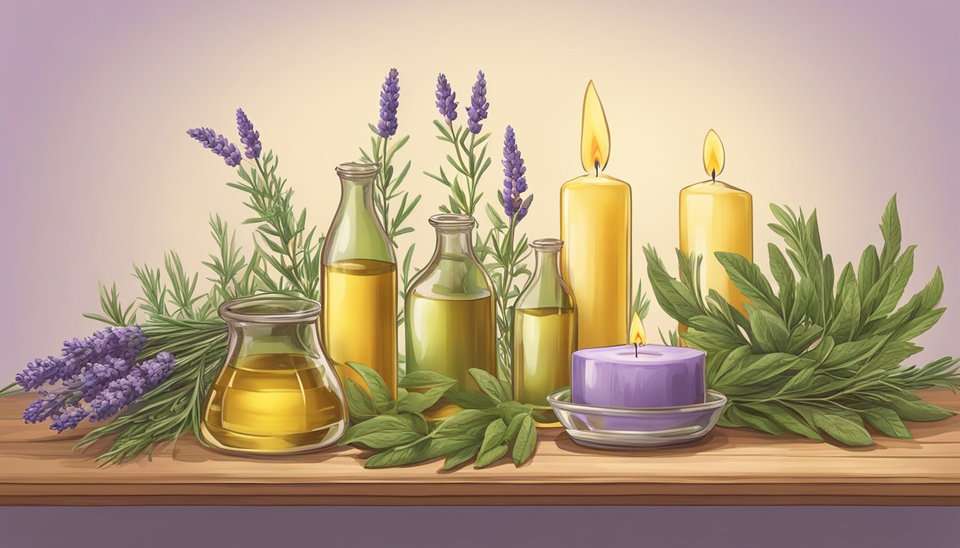 A table with soybean oil and 8 wild plants, including lavender and rosemary, arranged to make natural candles