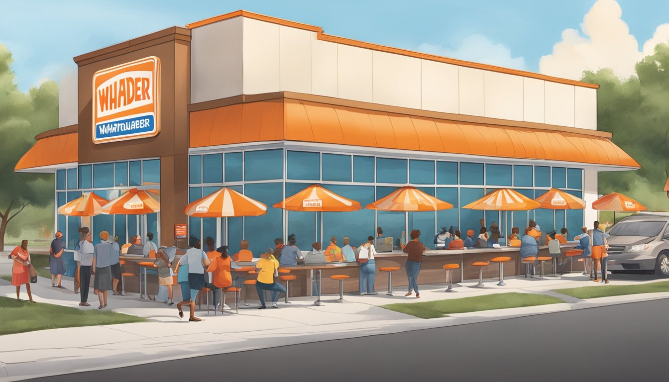 A bustling fast-food restaurant with a line of customers at Whataburger, while Hardee's is quieter with a few patrons inside. Outdoor signage is prominent