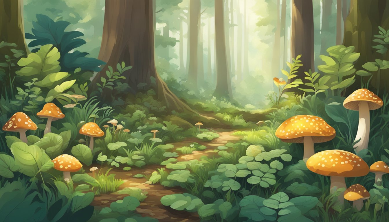 A lush forest floor with a variety of wild plants and mushrooms growing abundantly, surrounded by trees and dappled sunlight