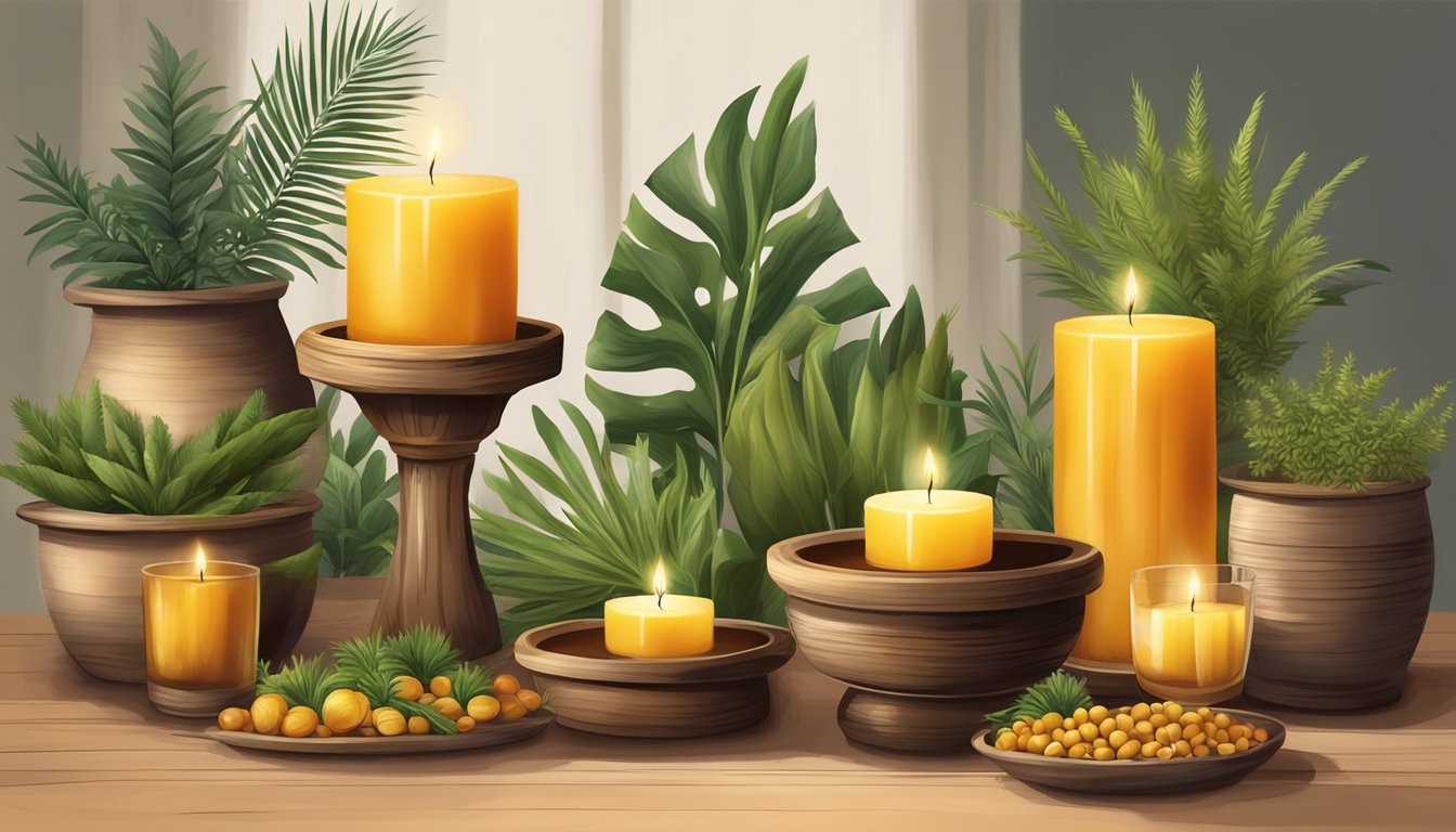 A rustic table displays eight wild plants and palm kernel oil, with a warm, cozy ambiance created by natural candles made from the plants