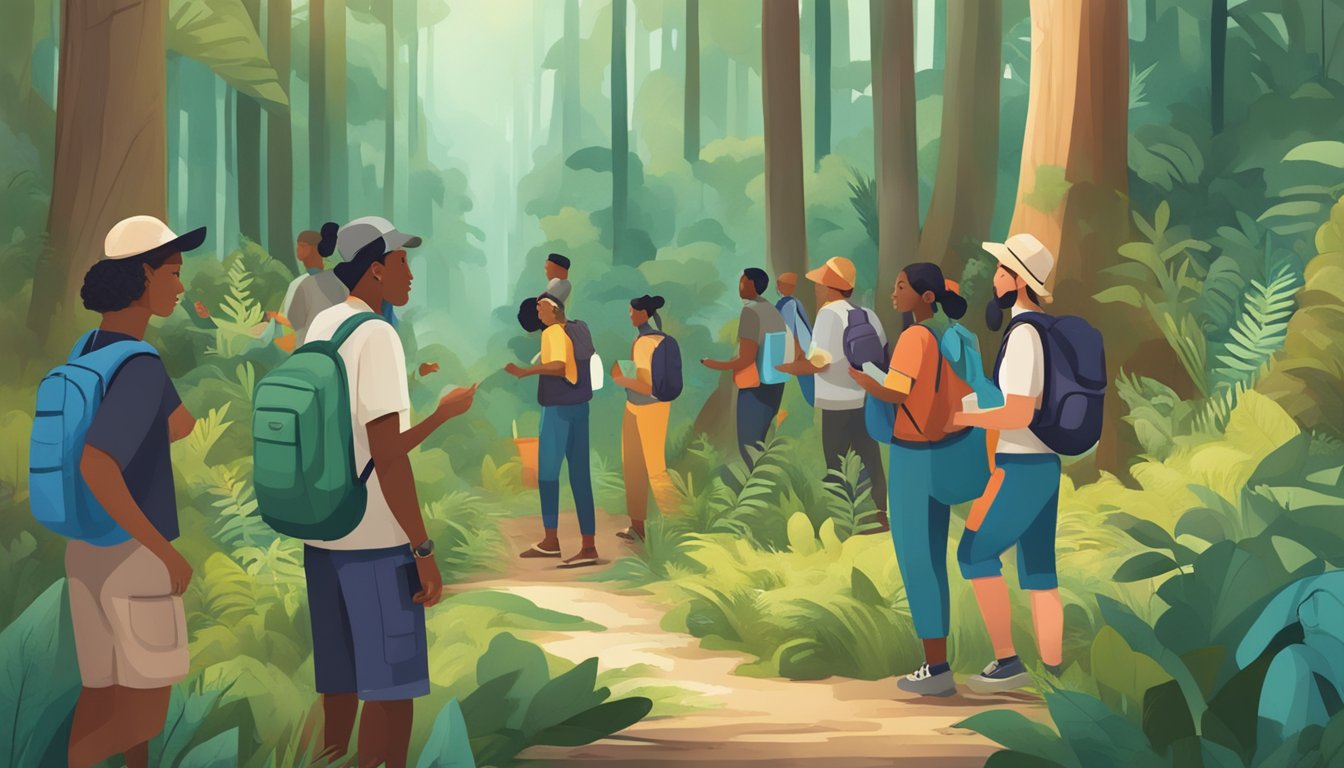 A diverse group of people foraging together in a lush forest, sharing knowledge and discoveries, building connections and strengthening community ties