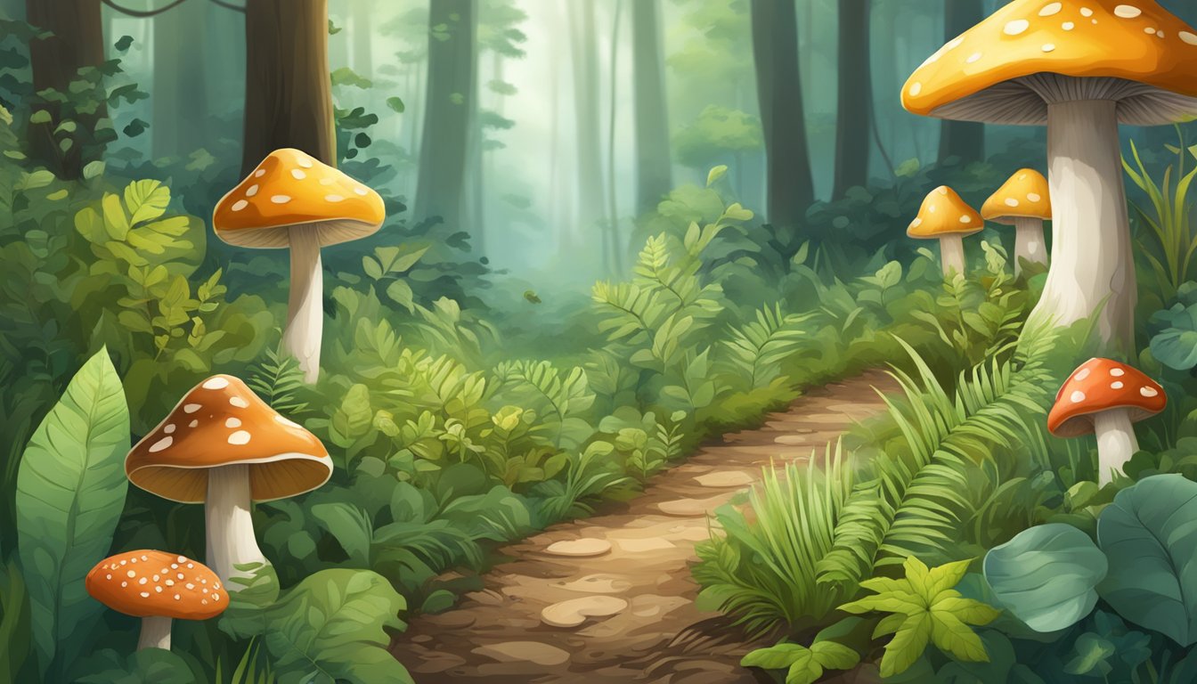 A lush forest floor with various edible plants and mushrooms scattered among the foliage, with a clear path leading through the wilderness