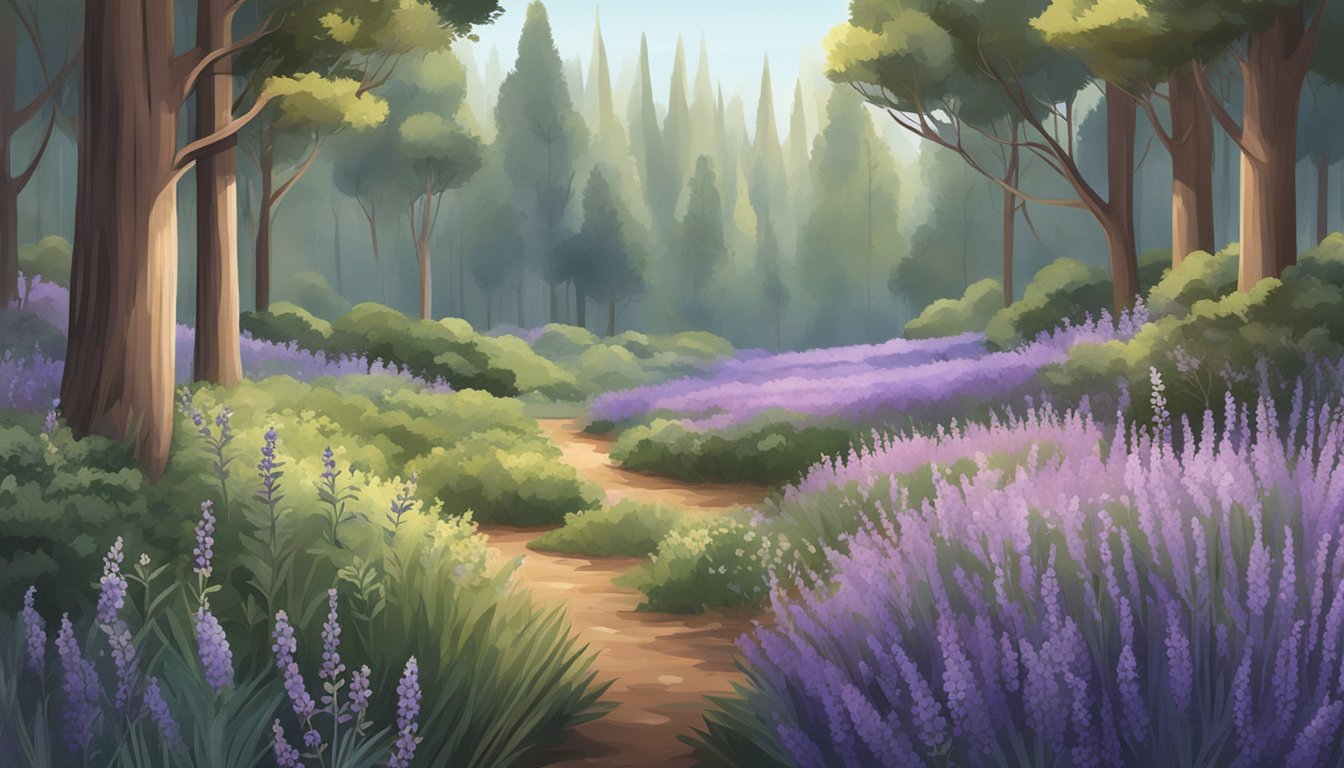 A serene forest clearing with wild plants like lavender, rosemary, and eucalyptus growing abundantly, ready to be harvested for natural candle-making