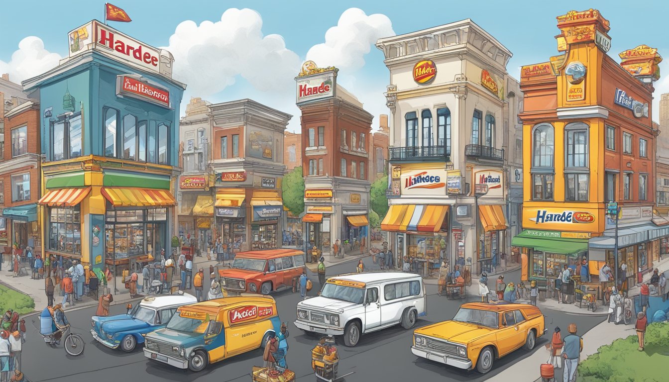 A bustling city street with a White Castle and Hardee's side by side, each with their distinct logos and designs, attracting hungry customers