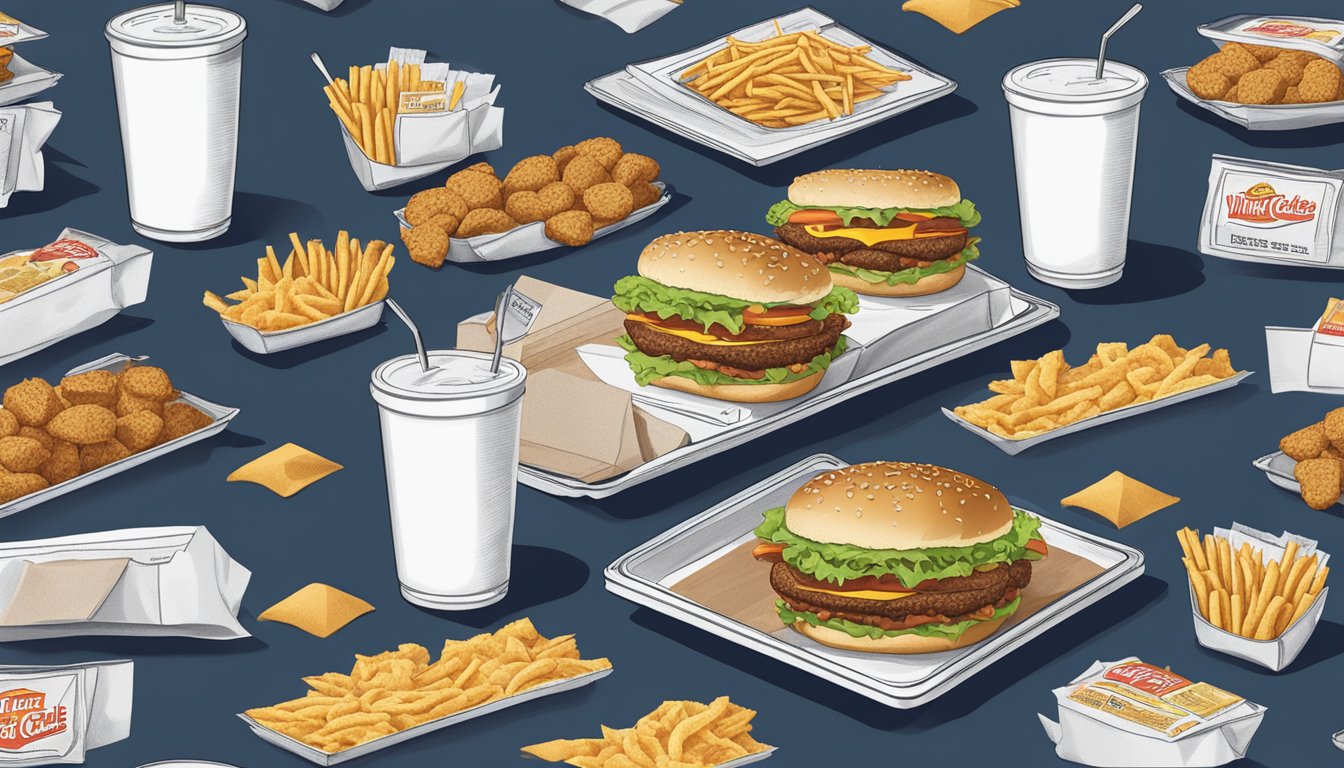 A table with two trays of fast food, one from White Castle and the other from Hardee's, surrounded by scattered napkins and condiment packets