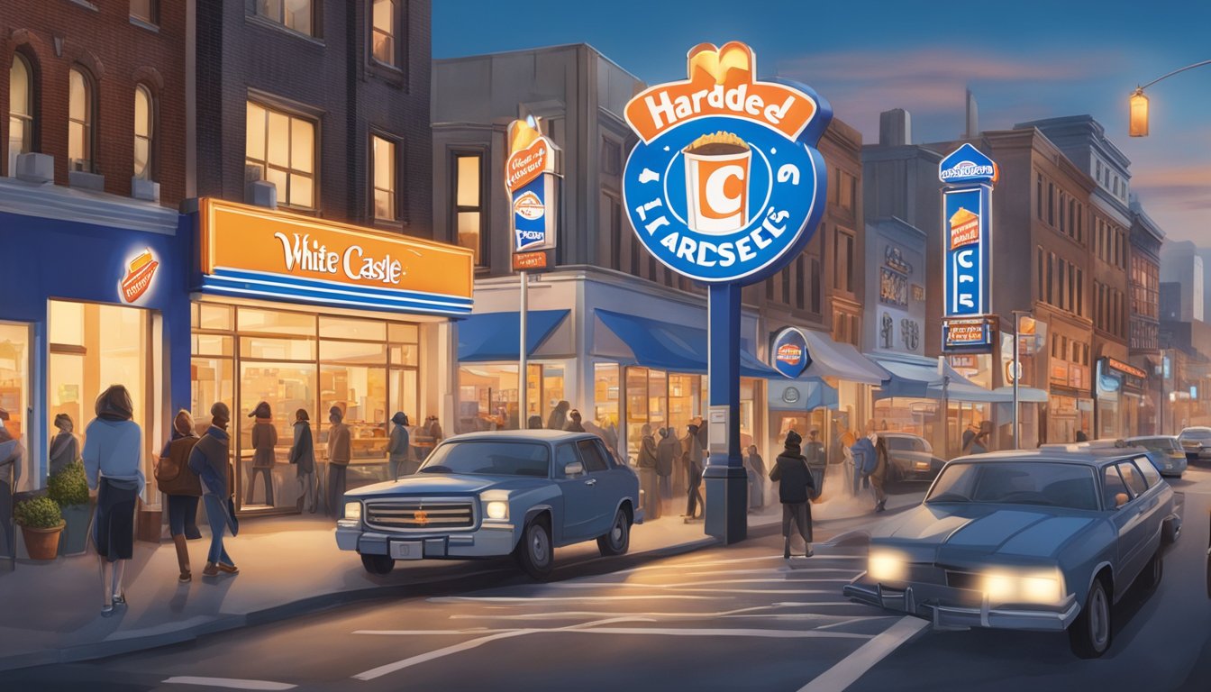 A bustling city street with a large, illuminated sign for White Castle on one side and a similarly prominent sign for Hardee's on the other