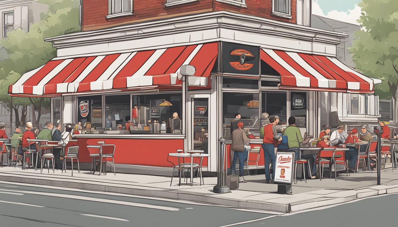 A bustling burger joint with a distinctive red and white striped awning, surrounded by eager customers and a bold logo displayed prominently