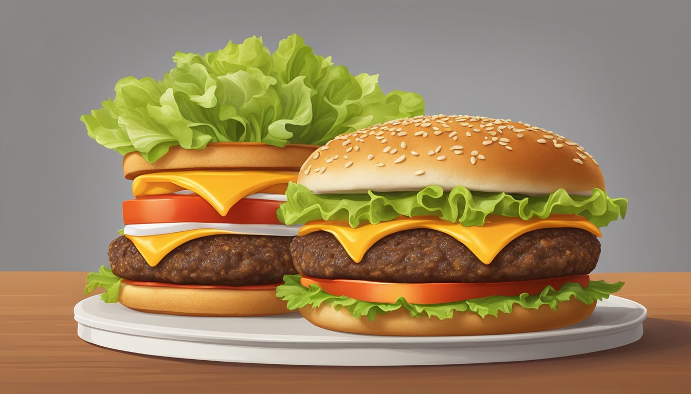 A sizzling Whataburger patty and a juicy Fatburger patty side by side, surrounded by fresh lettuce, tomato, and a golden sesame seed bun