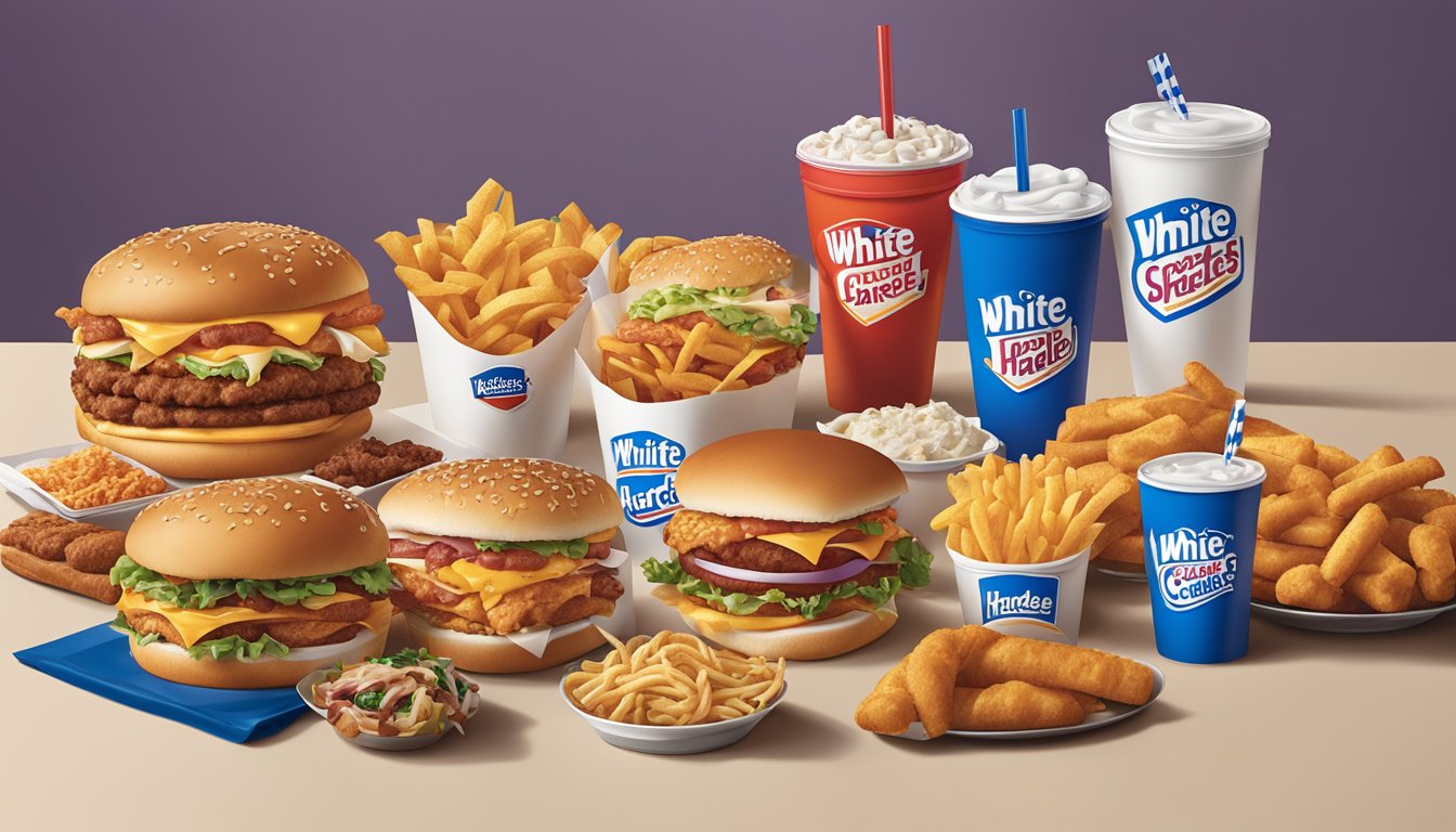 A colorful array of fast food items from White Castle and Hardee's spread out on a table, showcasing the variety and options available at both restaurants