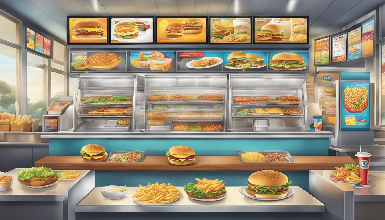 A crowded fast food counter with two distinct menus and logos on display