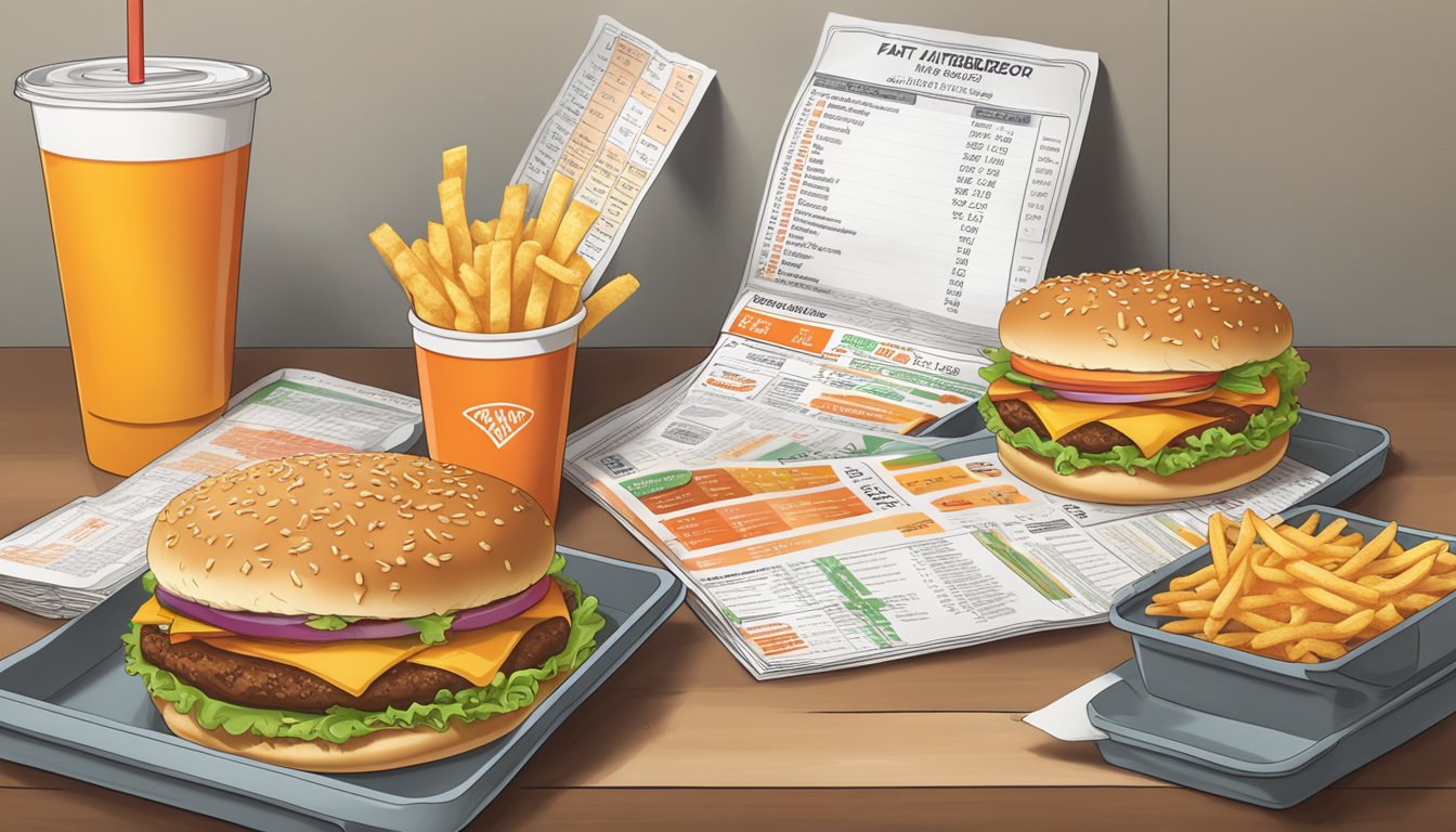 A table with two trays of fast food, one from Whataburger and one from Fatburger, surrounded by nutritional information charts and comparison graphs