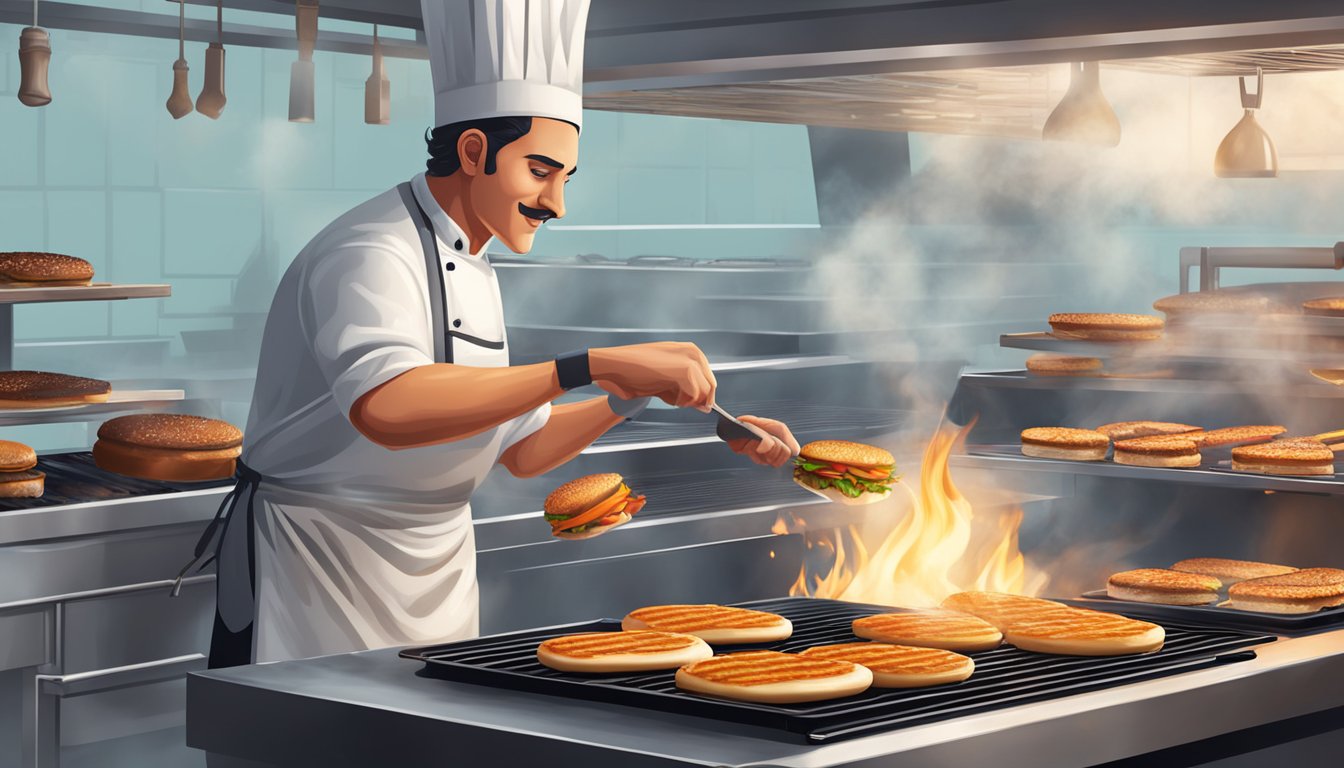 A chef grilling burgers on a hot griddle, using different techniques at Whataburger and Smashburger. The sizzle of meat and the aroma of cooking fill the air