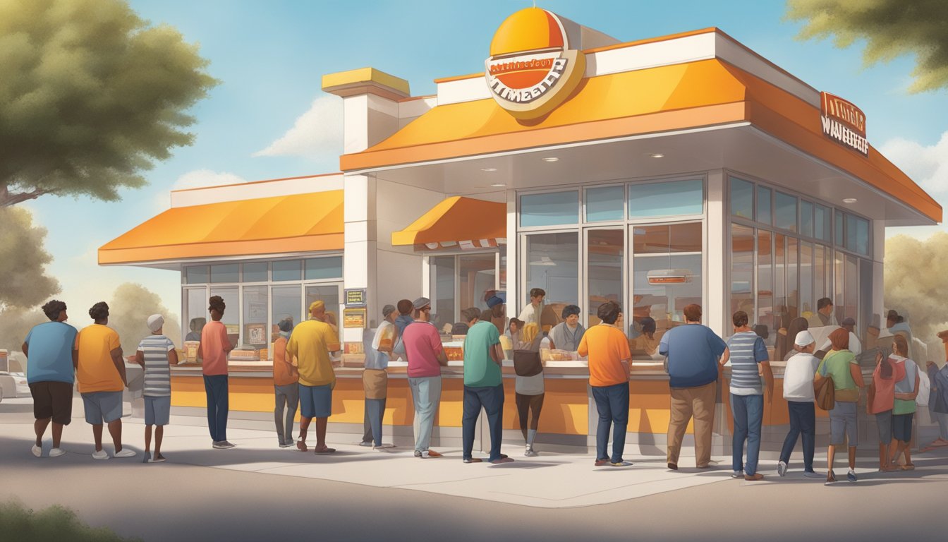 A crowded Whataburger with satisfied customers and a line out the door, while a nearly empty Fatburger has a disappointed customer walking out