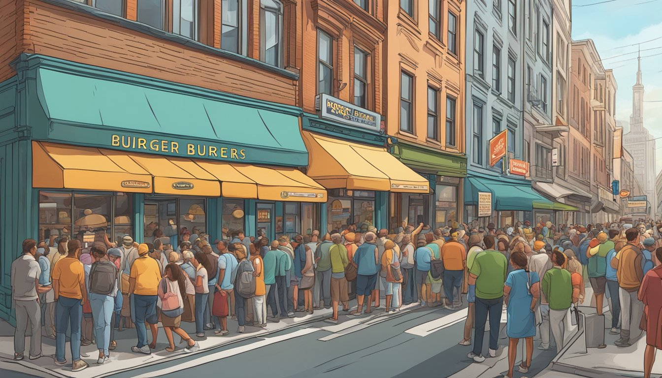 Two iconic burger restaurants face off in a crowded city street, each with a line of hungry customers stretching down the block