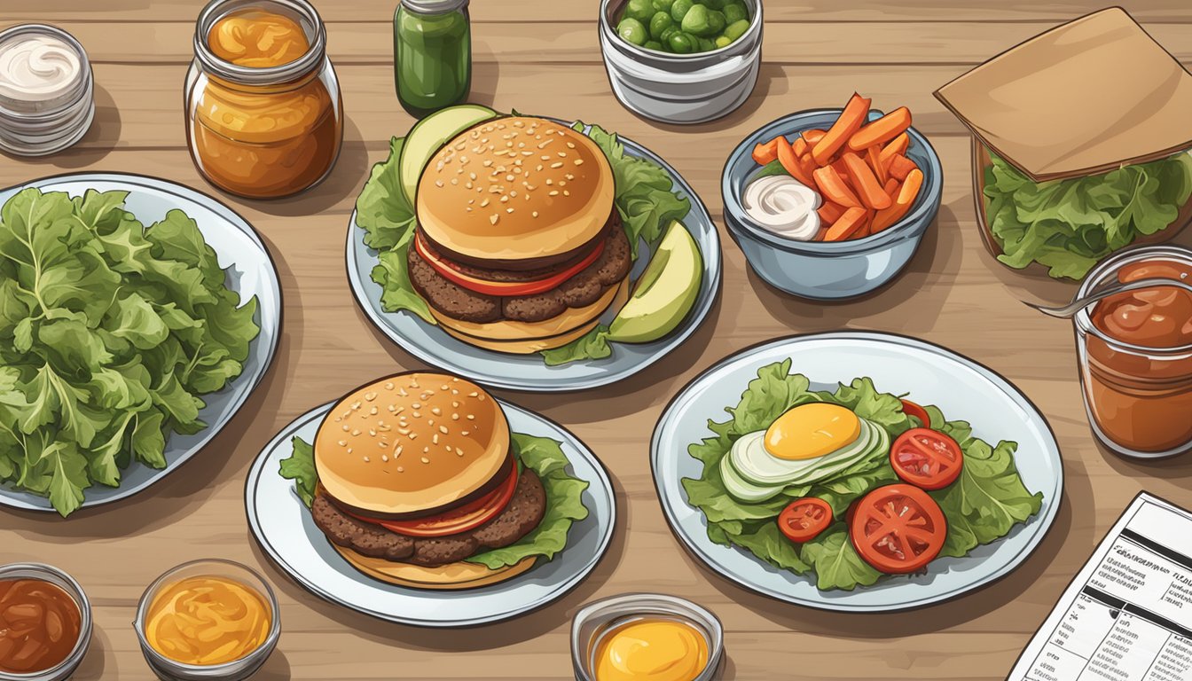 A table with two burgers and a nutrition label next to each, surrounded by fresh ingredients and condiments