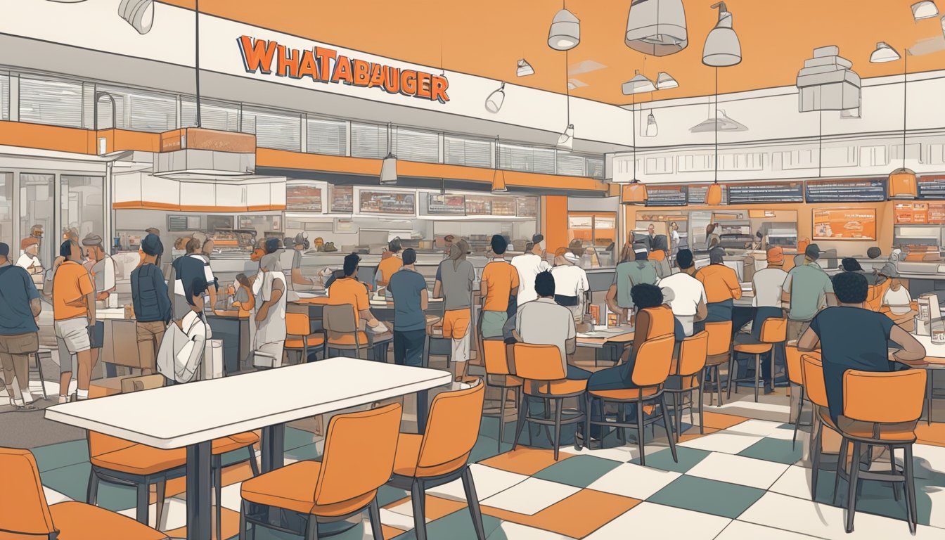 A crowded Whataburger with a line of customers and bustling staff, contrasted with a serene Smashburger with a few patrons enjoying their meals