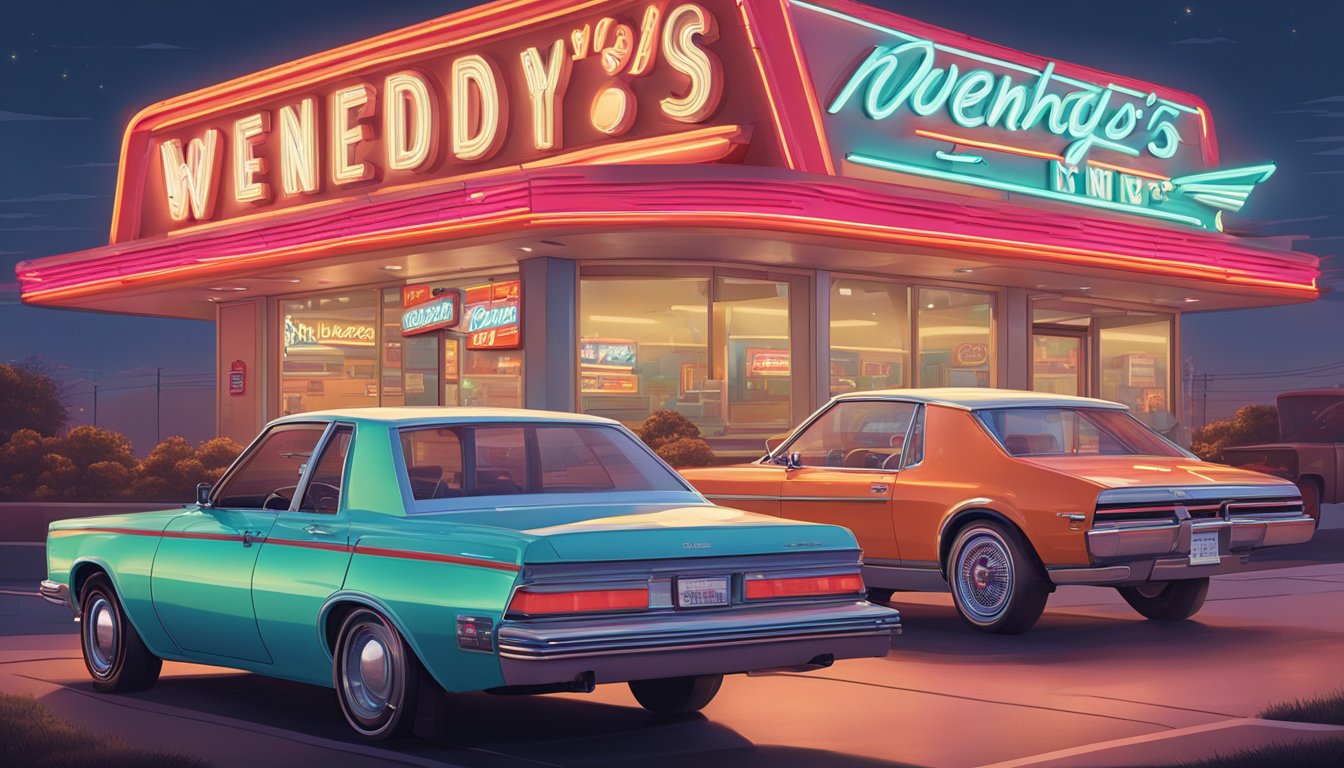 A vintage Wendy's and Sonic Drive-In stand side by side, surrounded by retro cars and neon signs, evoking a nostalgic 1980s atmosphere