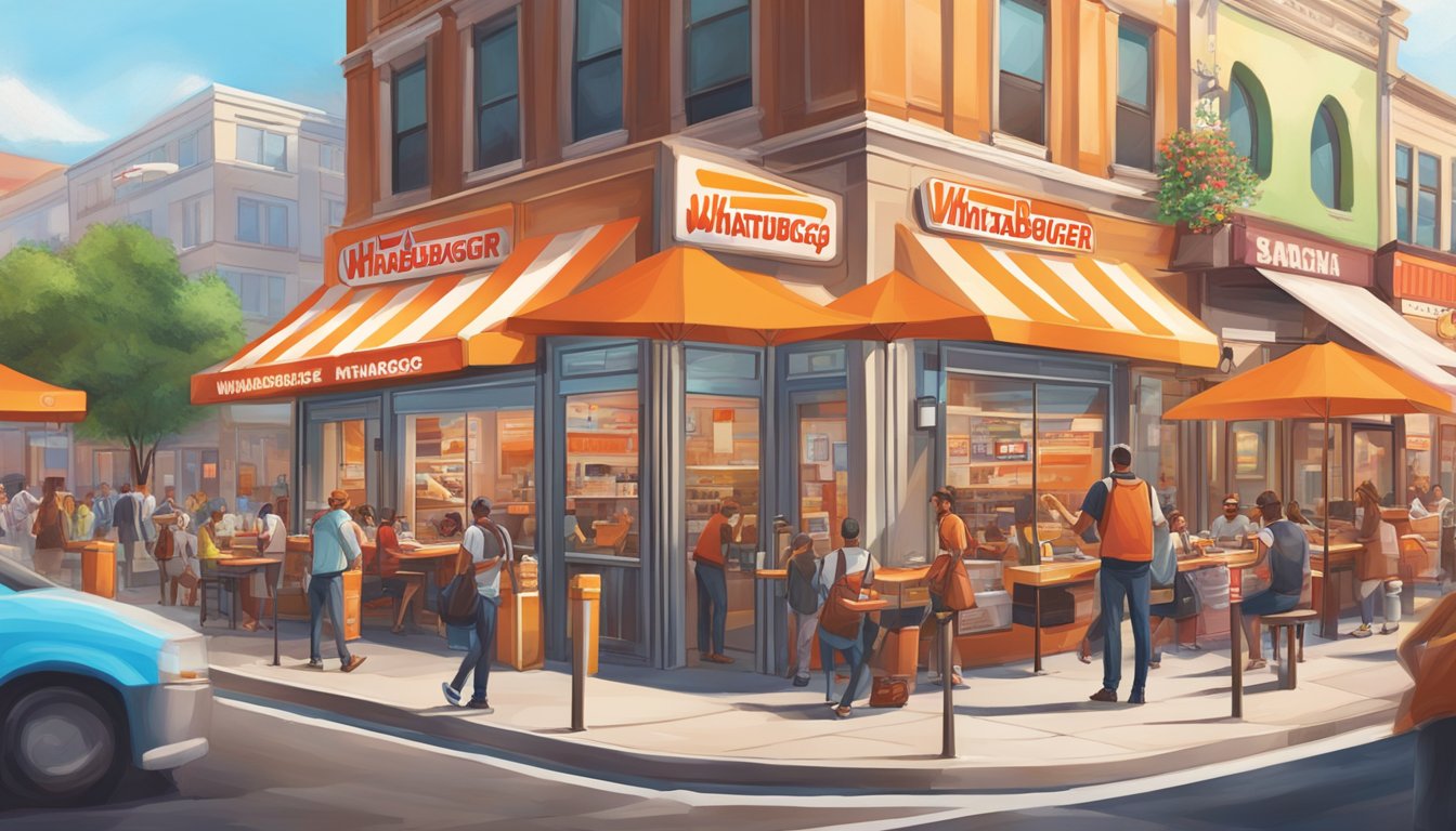 A bustling city street with a Whataburger and Smashburger side by side, surrounded by vibrant signs and bustling with customers