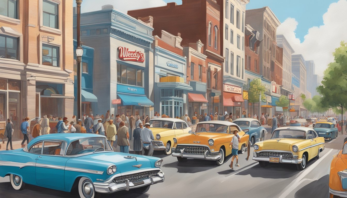 A bustling city street with a vintage Wendy's and White Castle side by side, surrounded by period-appropriate cars and pedestrians