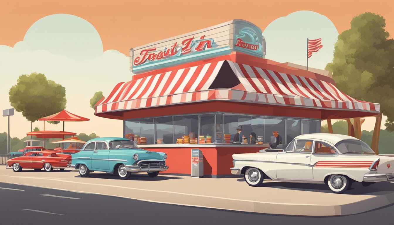 A bustling fast-food restaurant with a red and white striped awning next to a retro drive-in with carhops on roller skates