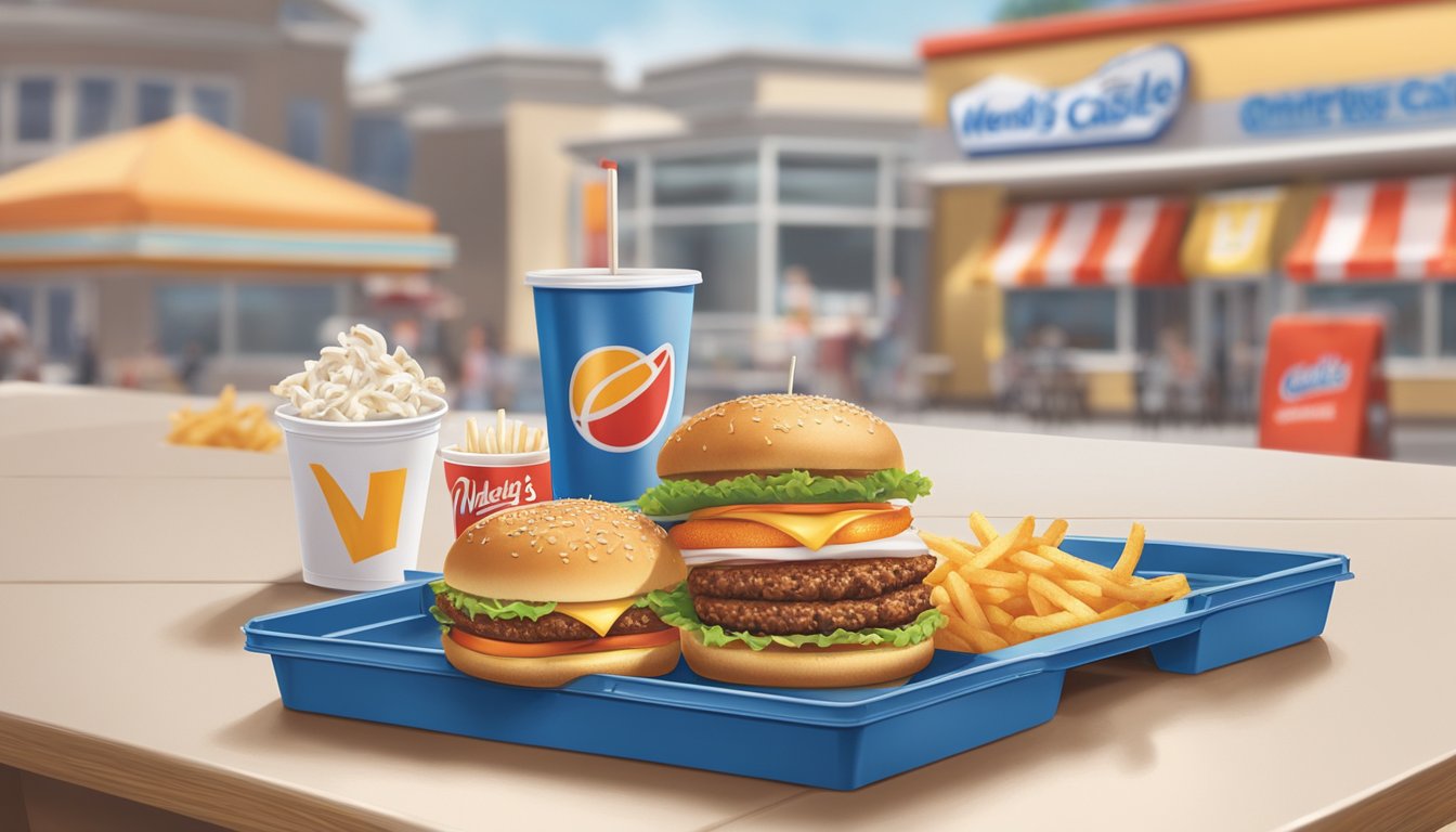 A table with two trays of fast food: one from Wendy's and one from White Castle. The Wendy's tray holds a fresh, juicy burger and crispy fries, while the White Castle tray has a selection of small, square sliders and onion rings