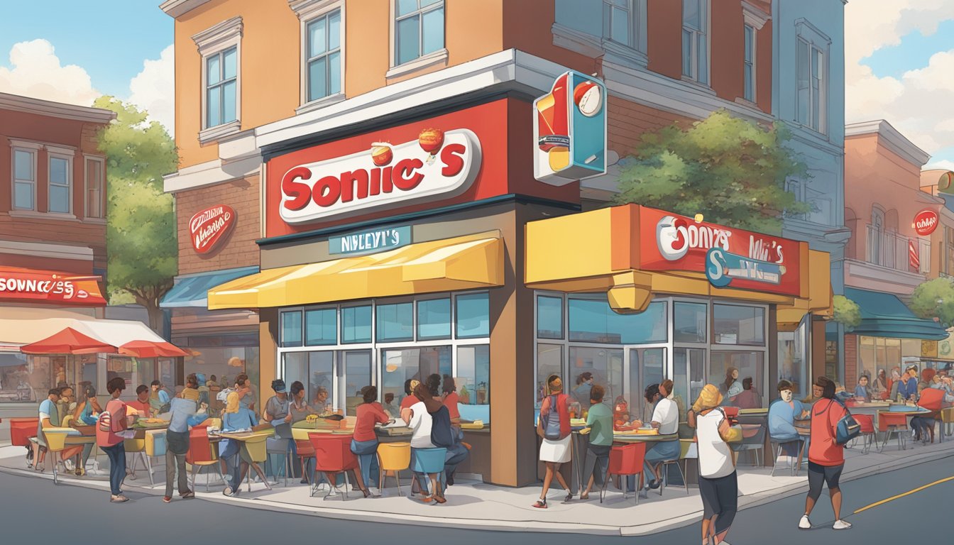 A bustling street with a Wendy's and Sonic Drive-In sign, surrounded by diverse customers enjoying their meals