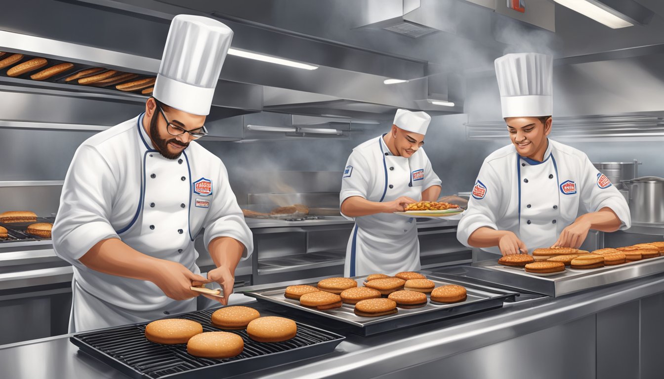 A chef at Wendy's grilling a juicy hamburger while a cook at White Castle prepares a batch of sliders