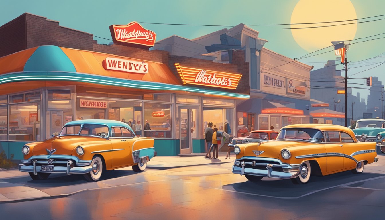 A bustling 1950s street corner with a retro Wendy's and Whataburger side by side, surrounded by vintage cars and neon signs