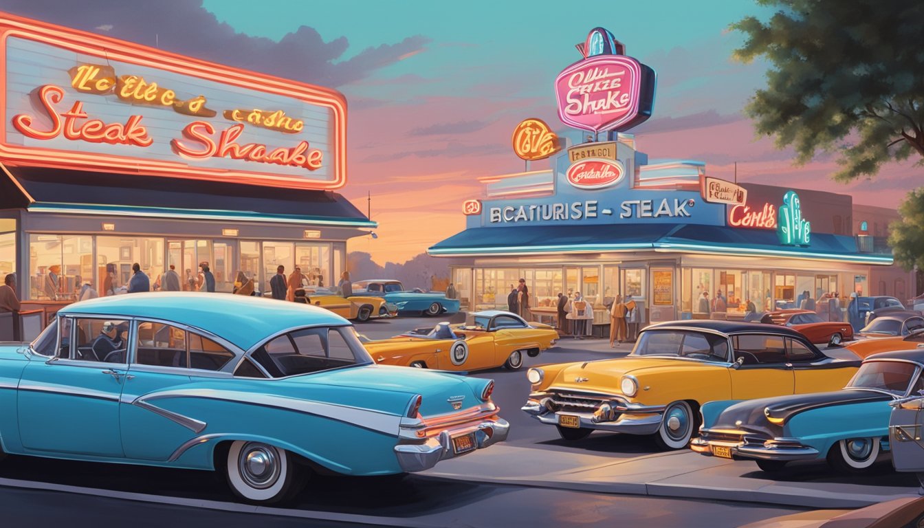 A bustling street corner with a vintage White Castle and a retro Steak 'n Shake, surrounded by old-fashioned cars and neon signs