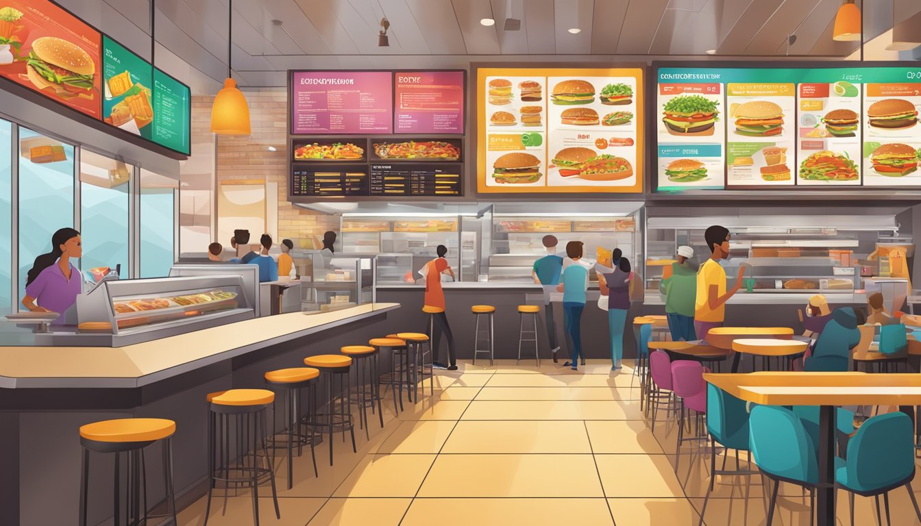 A bustling fast food restaurant with colorful signage and a menu board showcasing various price points and value propositions