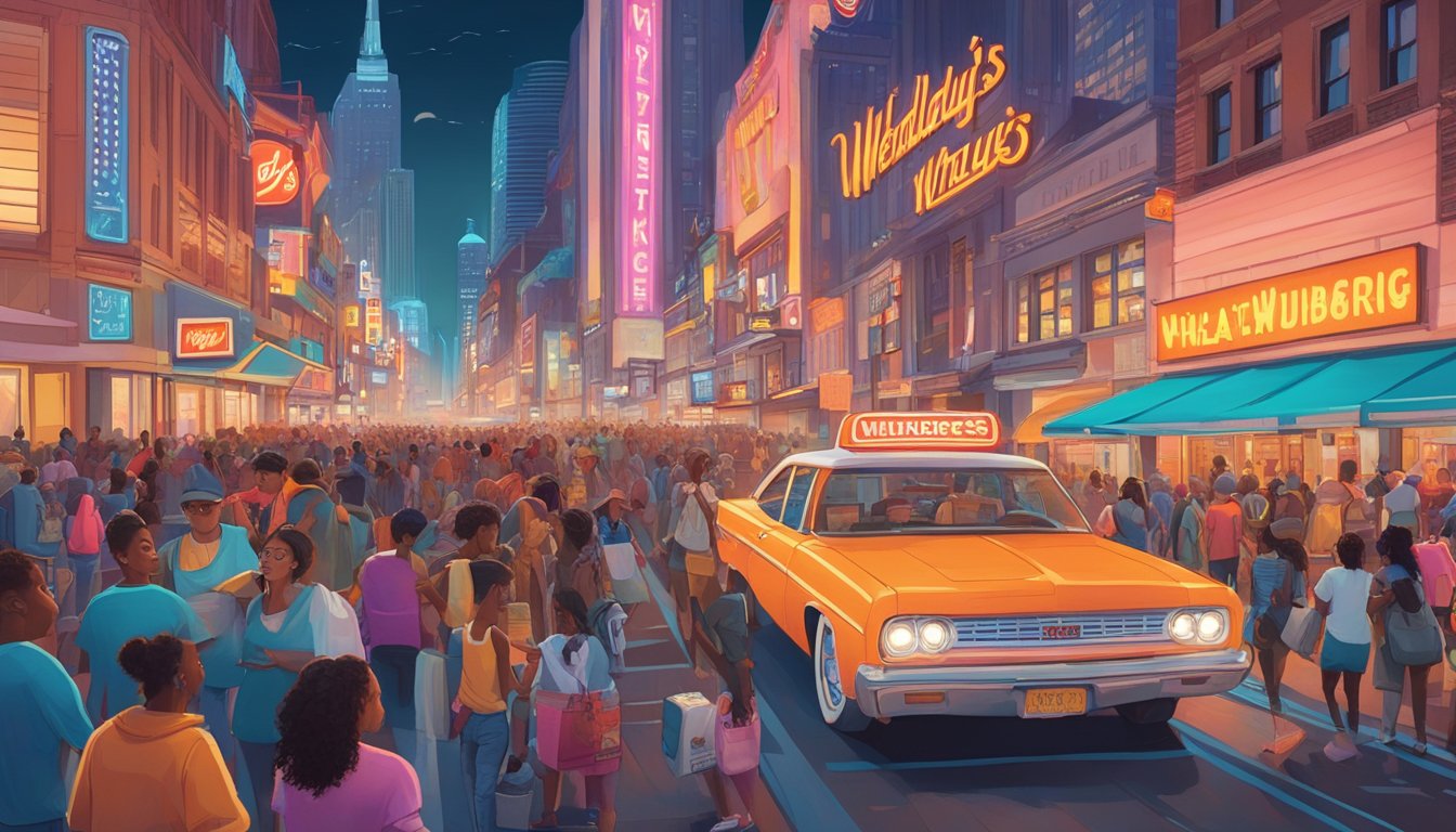 A bustling city street with a neon-lit Wendy's and Whataburger facing off, surrounded by diverse crowds and cultural symbols