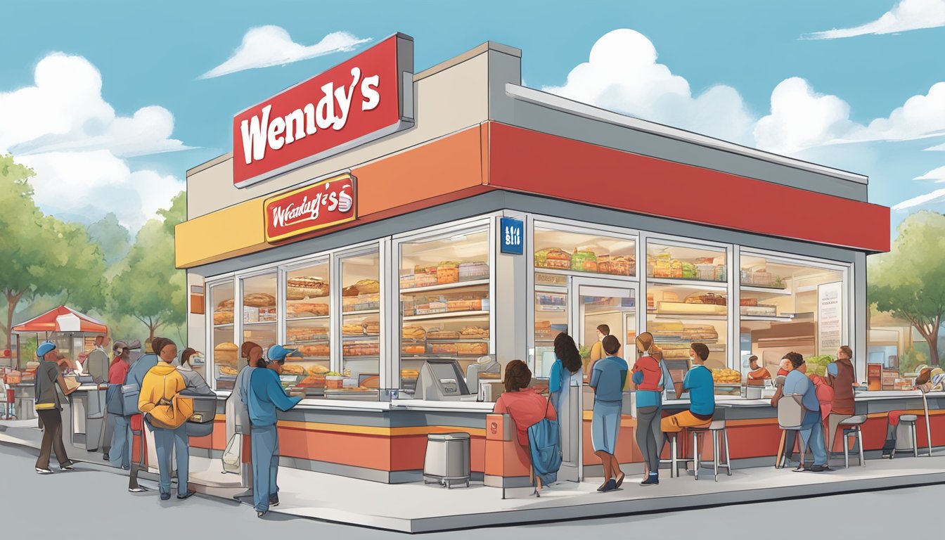 A bustling fast-food restaurant with customers ordering and dining, featuring distinct branding and menu items for Wendy's and White Castle