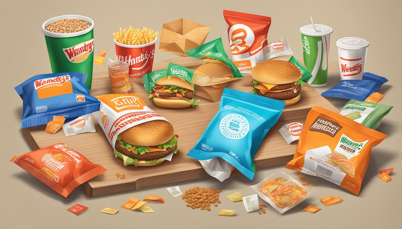 A table with two fast food bags, one from Wendy's and one from Whataburger, surrounded by scattered nutrition labels and food wrappers