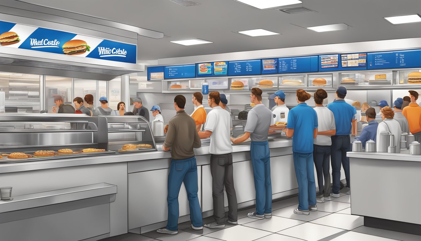 A crowded fast food restaurant with a line of customers at White Castle, while a busy Steak 'n Shake cook prepares milkshakes and burgers