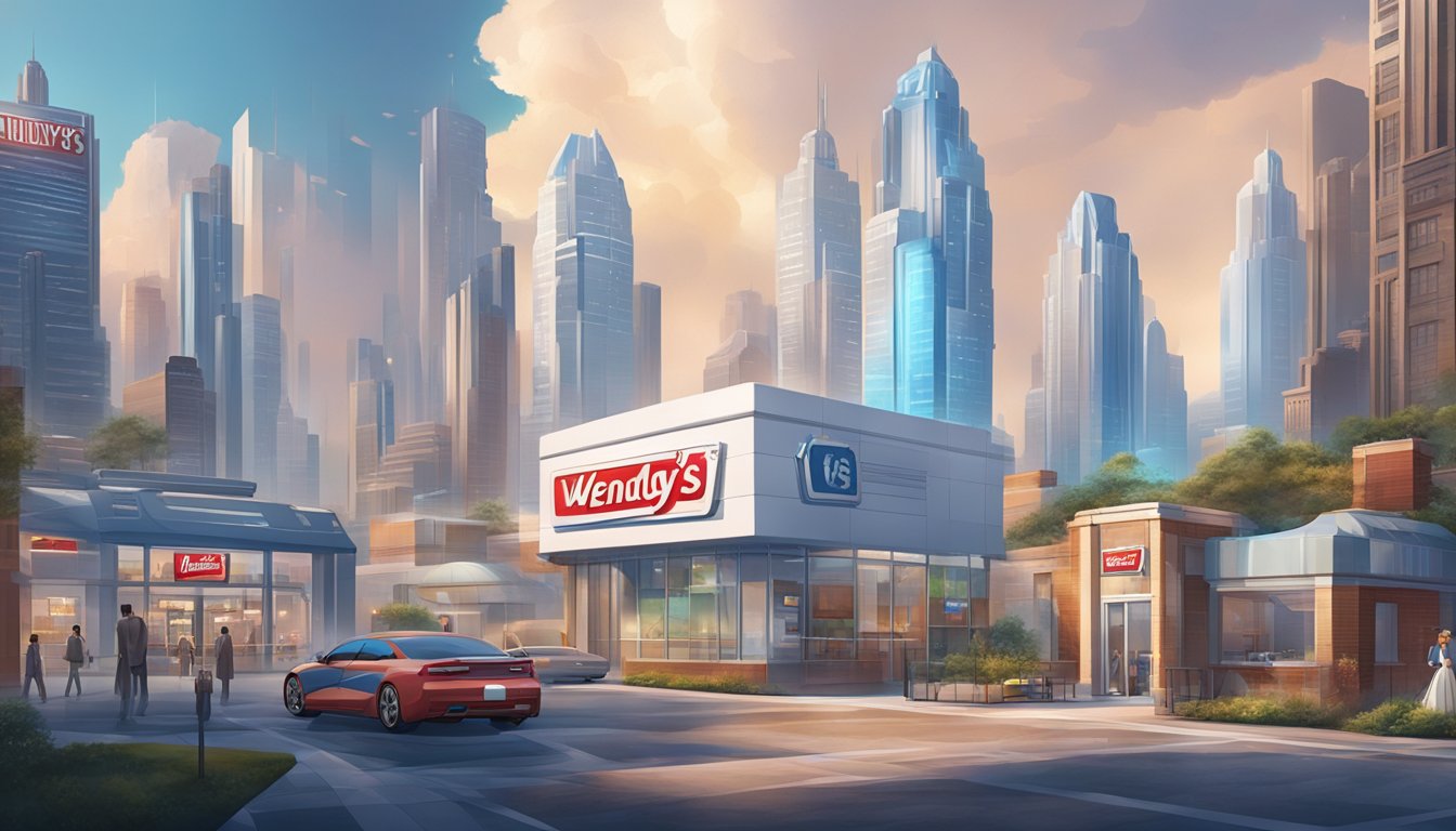 A futuristic cityscape with a Wendy's and White Castle standing side by side, their sleek and modern designs contrasting against the backdrop of towering skyscrapers