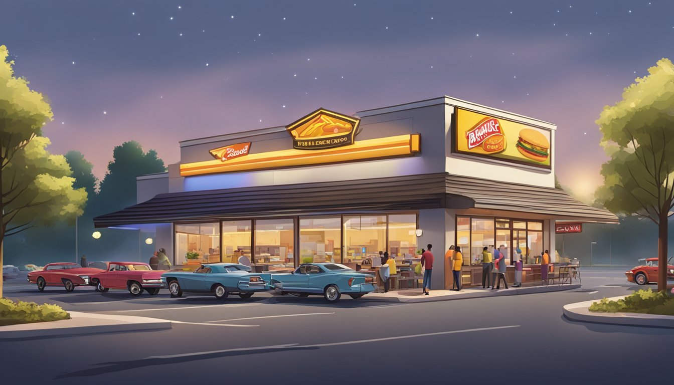 A bustling fast-food restaurant with a drive-thru, outdoor seating, and a large illuminated sign. The parking lot is busy with cars coming and going