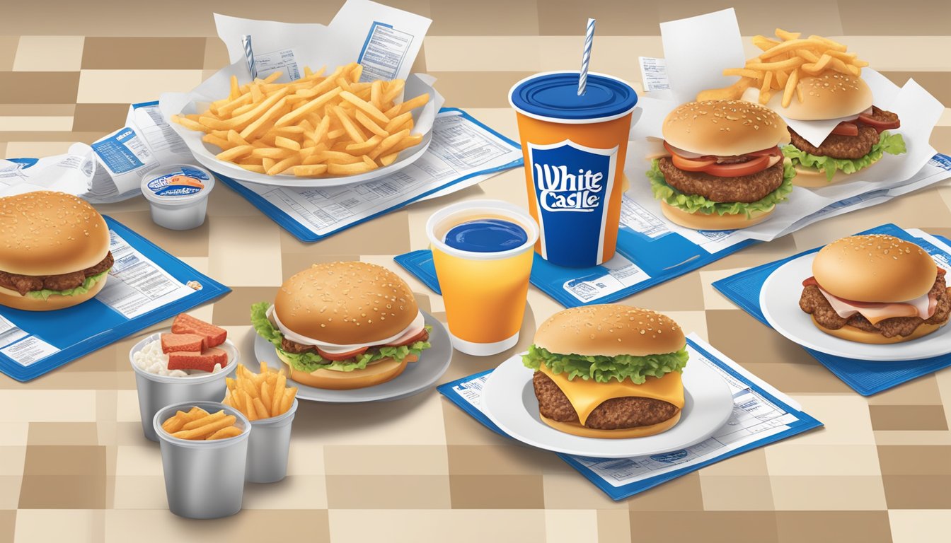 A table with fast food items from White Castle and Steak 'n Shake, surrounded by nutrition labels and comparison charts