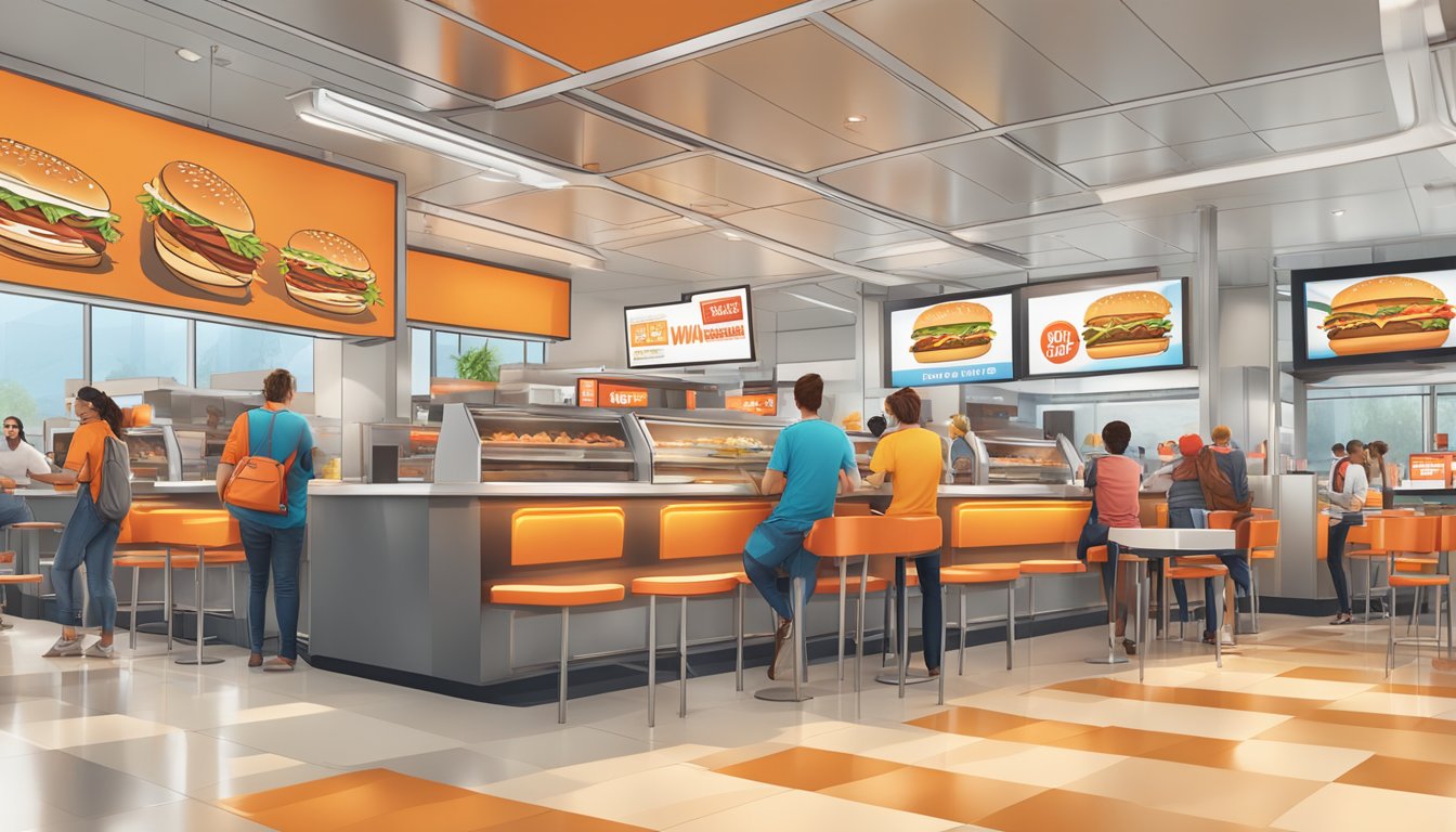 A bustling fast-food restaurant with modern decor and digital ordering kiosks, showcasing the clash between Wendy's and Whataburger