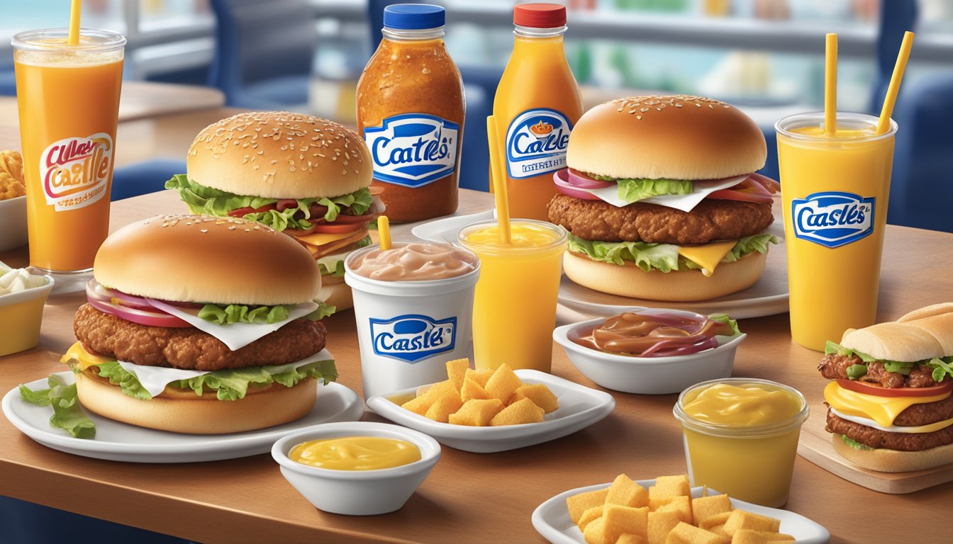 A table with a spread of White Castle sliders and Culver's ButterBurgers, surrounded by colorful condiments and drinks