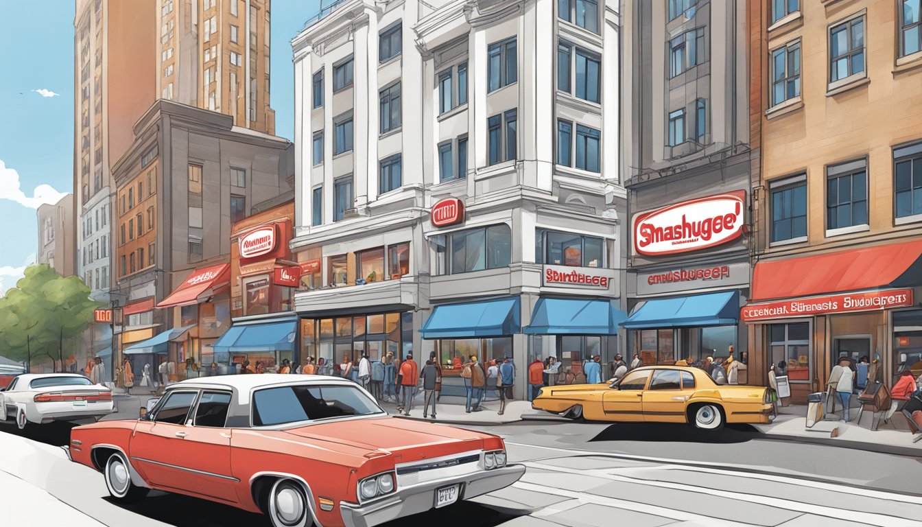 A bustling city street with a White Castle and Smashburger standing side by side, each with its own distinct architectural style and branding