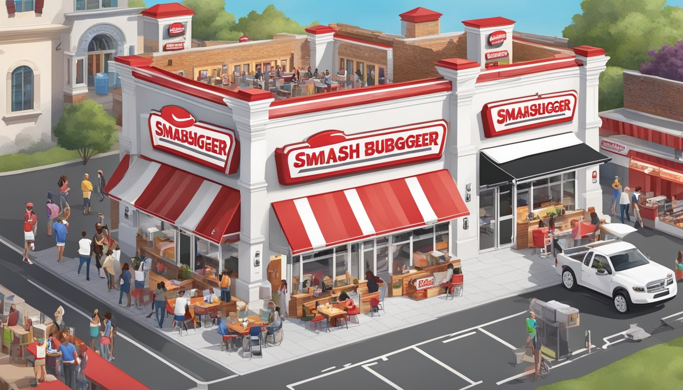 A white castle and a smashburger stand side by side, each with their distinct logos and branding, surrounded by a diverse crowd of hungry customers