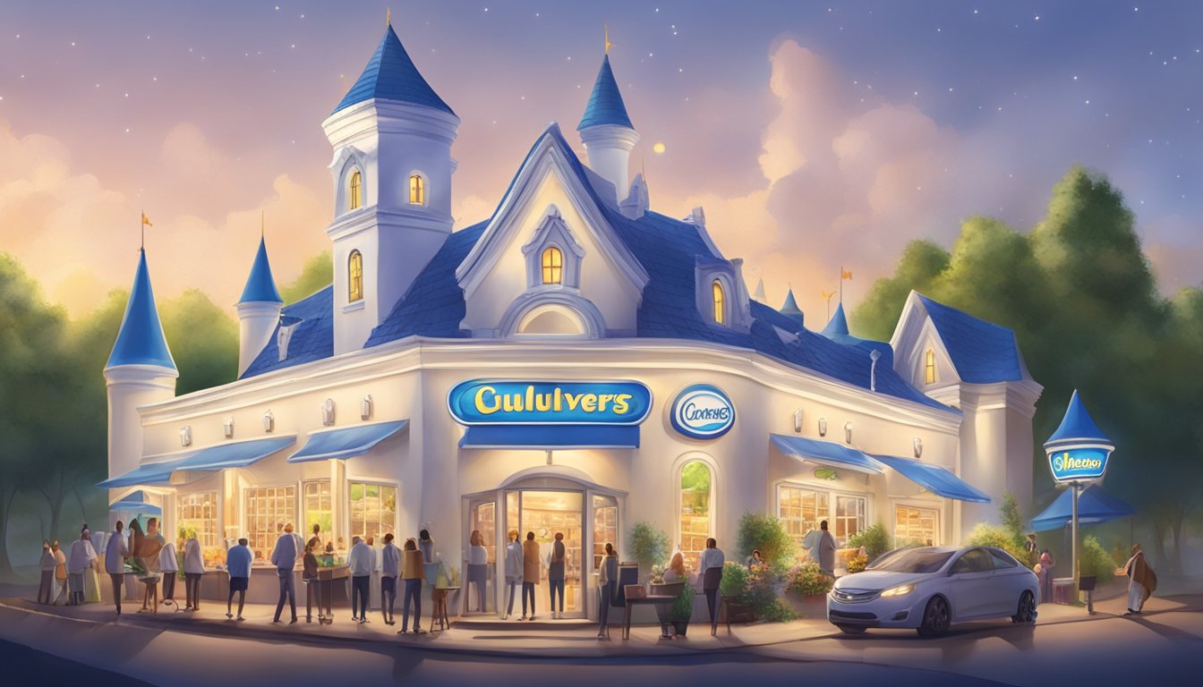 A bustling white castle with bright lights and a long line, contrasted by a serene culvers with greenery and a few satisfied customers